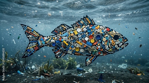 Fish shape made of plastic trash floating in polluted ocean water. Conceptual art representing marine environmental pollution. Awareness for World Oceans Day and ecology conservation.