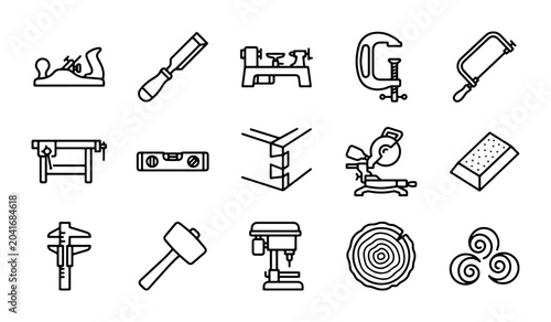 Foto Woodworking Tools Vector Icons Set, Carpentry Equipment Collection, DIY Craft Su
