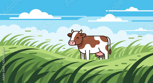 Obraz na plátně Happy Cartoon Cow Grazing in a Lush Green Field Under a Blue Sky with Clouds