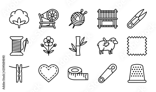 Foto Textile Craft Icons Set: Cotton, Spinning Wheel, Knitting, Loom, Scissors, Threa