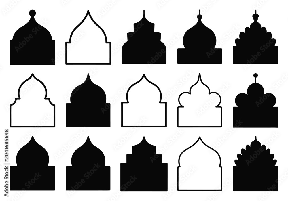 Obraz premium A collection of various islamic mosque dome silhouettes and architectural arch
