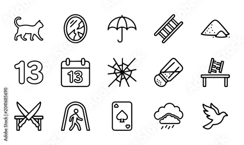 Foto Superstition Icons: Black Cat, Broken Mirror, Umbrella, Ladder, Salt, 13, Ace of