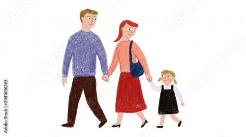 Hand Drawn Illustration of a Happy Family Walking Together Holding Hands