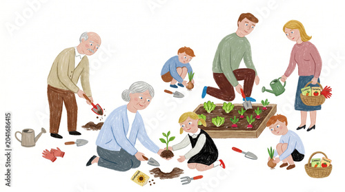 Hand Drawn Illustration of a Multigenerational Family Gardening and Planting