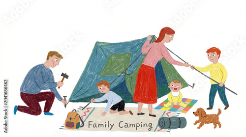 Hand Drawn Illustration of a Family Pitching a Tent and Camping Outdoors