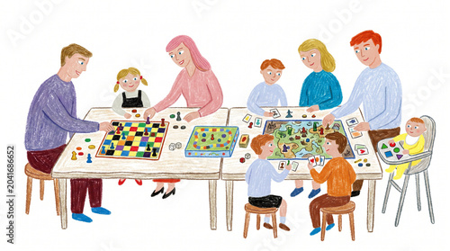Hand Drawn Illustration of a Big Family Playing Board Games at a Table