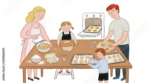 Hand Drawn Illustration of a Family Baking Cookies Together in the Kitchen