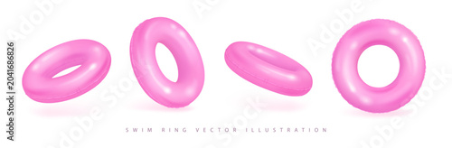 Set of 3d realistic pink inflatable swim rings isolated on white background. Pool float icons. Vector illustration
