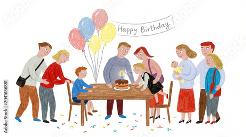 Hand Drawn Illustration of a Multigenerational Family Celebrating a Birthday Party