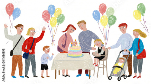 Hand Drawn Illustration of a Big Family Celebrating a Birthday with Cake and Balloons