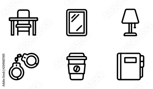 Foto Office Desk, Mirror, Lamp, Handcuffs, Coffee Cup, Notebook Icons: Business & Leg