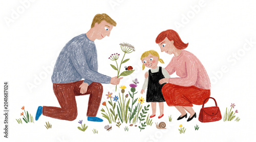 Hand Drawn Illustration of Parents and Toddler Exploring Nature and Looking at Flowers