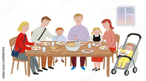 Hand Drawn Illustration of a Happy Family Eating Dinner Together at the Table