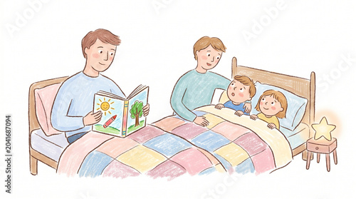 Hand Drawn Illustration of Parents Reading a Bedtime Story to Their Kids in Bed