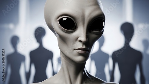 Close-up of a gray alien with large dark eyes and a serene expression, backed by blurred figures