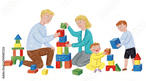 Hand Drawn Illustration of a Family Playing and Building Towers with Colorful Blocks
