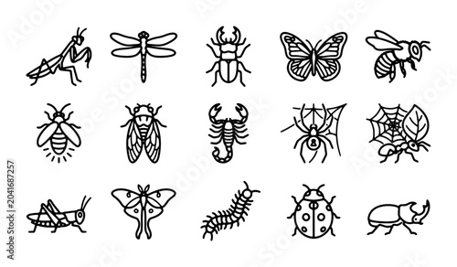Fotografi Insect Icons Set, Vector Graphics Collection: Bugs, Beetles, Butterflies, Spider