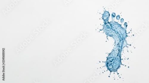 Human footprint made of liquid water splash on white background. Environmental conservation concept for World Oceans Day. Ecological awareness and carbon footprint reduction idea.
