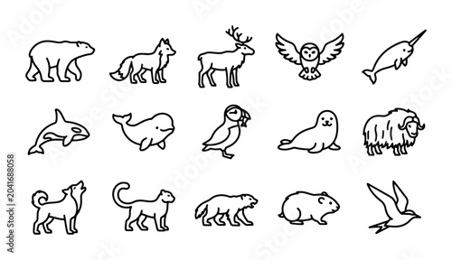 Canvas Print Arctic Wildlife Icons Set: Polar Bear, Fox, Deer, Owl, Narwhal, Orca, Whale, Pen