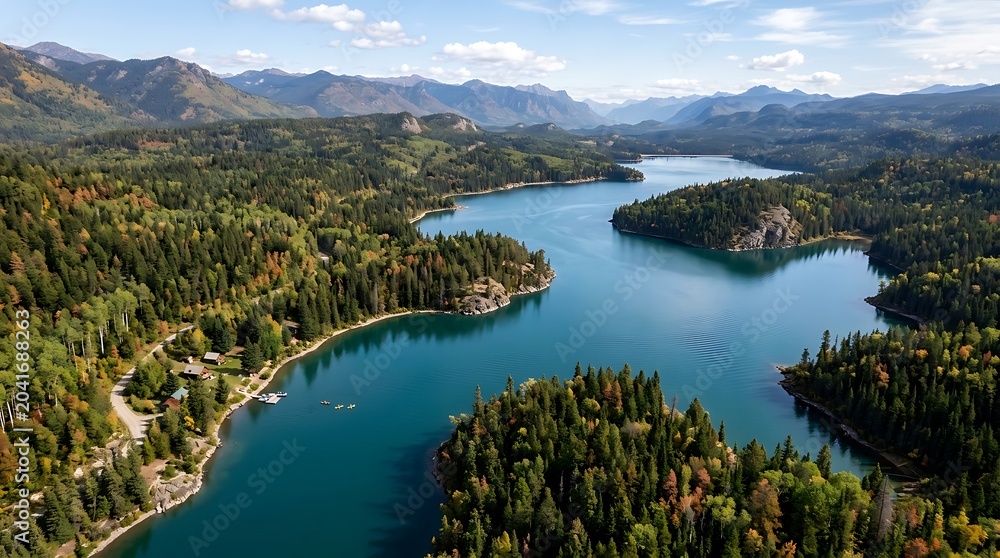 Obraz premium Scenic Turquoise Mountain Lake Surrounded by Forested Islands and Distant Peaks