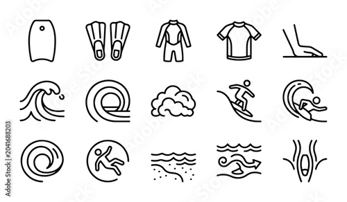 Foto Surfing Vector Icons Set: Ocean Waves, Bodyboard, Wetsuit, Surfer, Beach Lifesty