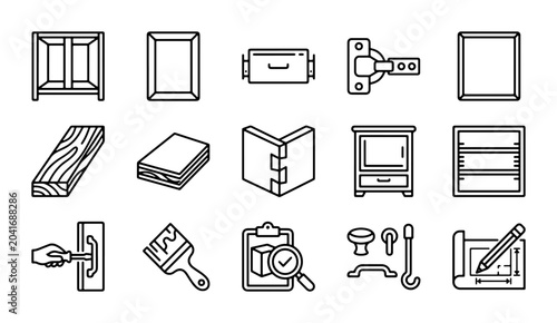 Foto Woodworking Icons Set: Cabinetry, Hardware, Tools, and Plans Vector Graphics