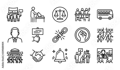 Cuadro en lienzo Civic Engagement Icons: Voting, Justice, Protest, Community, Law, 15 Vector Elem