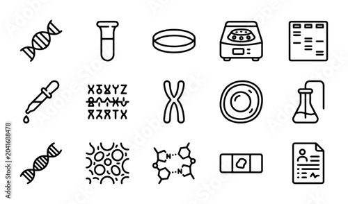 Schilderij op canvas DNA Helix, Chromosome, Lab Equipment Icons Set: Biology, Genetics, Science Resea