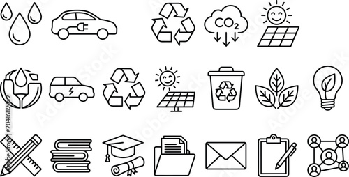 Environmental Green Ecology Sustainability and Higher Education Line Icon Set for Smart City Media Designs
