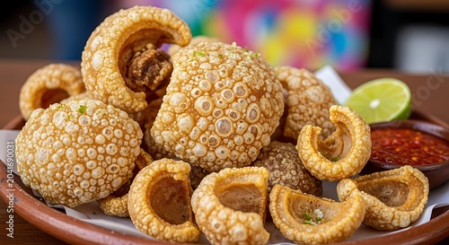 Crispy Pork Rind Snacks Arranged with Lime and Red Sauce on Rustic Plate