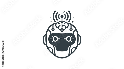 Futuristic robot head with artificial intelligence brain and wireless signal.