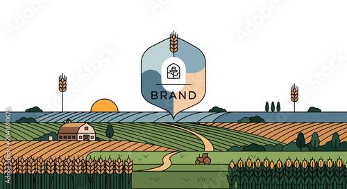 Organic farming landscape with tractor, farmhouse, wheat, and corn under a rising sun.