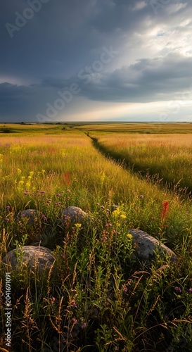 Stormy Wildflower Meadow Stretching Across Open Prairie Landscape