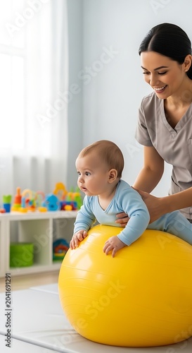 Smiling Female Therapist Supporting Baby on Yellow Exercise Ball in Bright Playroom