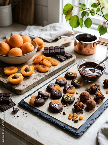 Homemade Chocolate Covered Apricot Treats Arranged on Rustic Kitchen Counter