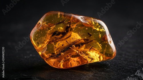Polished Golden Amber Stone Resting on Dark Textured Surface