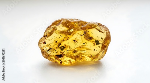Golden Amber Stone with Insect Inclusions on White Surface