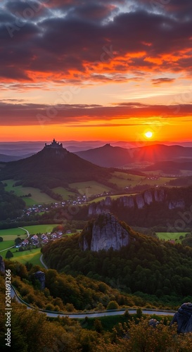 Dramatic Sunset Over Castle Hill and Rolling Mountain Valley