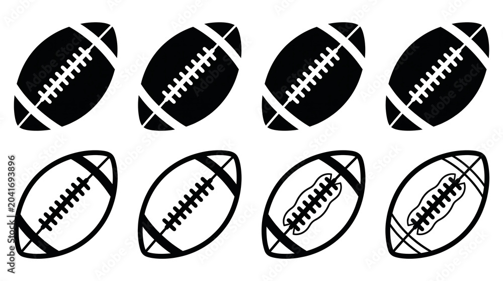 Fototapeta premium Collection of eight distinct American football representations, featuring both solid black silhouettes and outlined glyphs, showcasing various textures and patterns of the iconic sporting