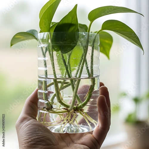 Green Plant Cuttings Rooting in Clear Water Glass Held by Hand Near Window