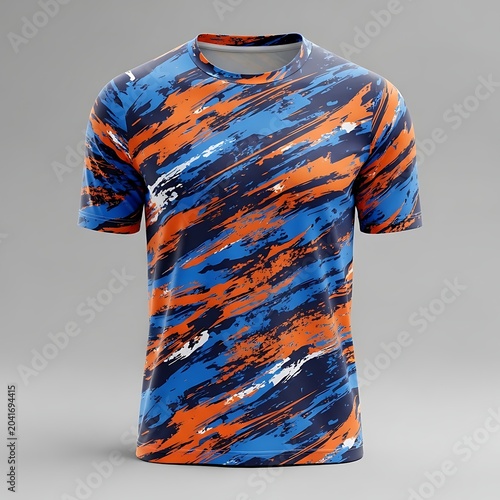 Colorful Athletic T Shirt Displayed on Gray Studio Background