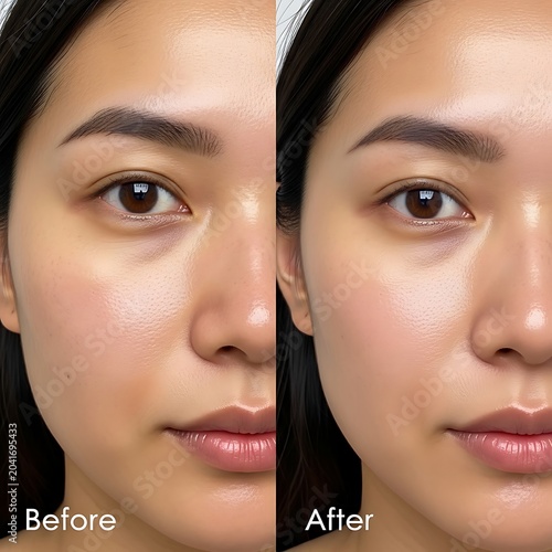 Close Up Young Woman Face Showing Before and After Skin Retouching Comparison