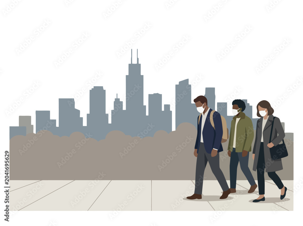 Naklejka premium Three commuters wear masks, walking through a hazy cityscape. A modern illustration depicts urban life and health awareness. Clean, graphic style.