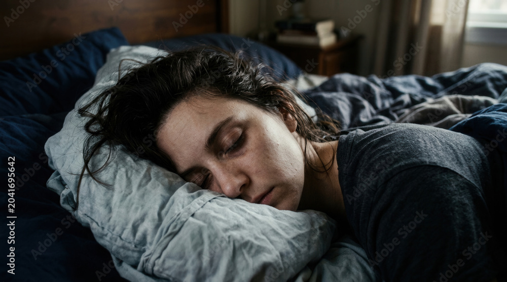 Obraz premium Woman Asleep in Bed Showing Signs of Tiredness and Exhaustion on a Pillow