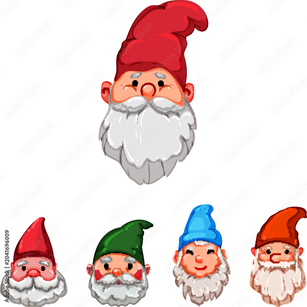 Obraz premium Group of cheerful dwarf gnomes with white beards and red, green, and blue conical hats, smiling and bringing charm, good luck, and whimsical garden decoration vibes