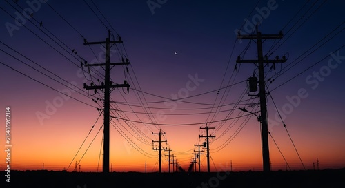 Silhouetted Utility Poles Standing Along Power Lines at Colorful Sunset