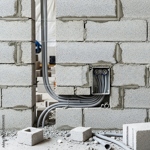 Unfinished Concrete Block Wall with Exposed Electrical Conduit at Construction Site