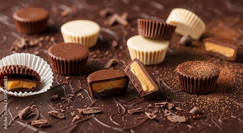 Assorted Chocolate Peanut Butter Cups Arranged on Dark Chocolate Surface