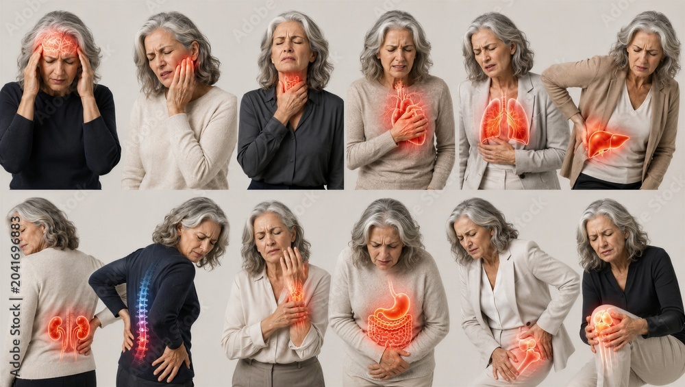 Obraz premium Mature woman suffering from various body organ pains. Collage of health issues with illuminated anatomy. Medical consultation concept for chronic illness, inflammation and human discomfort.