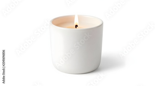 A white ceramic candle with a burning flame inside on a white surface transparent background